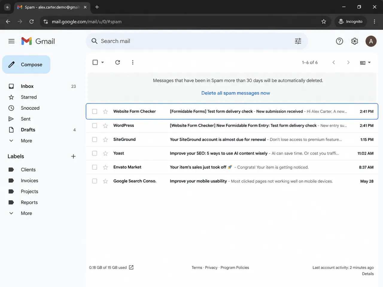 The notification may be in spam even when the form and notification action are working.
