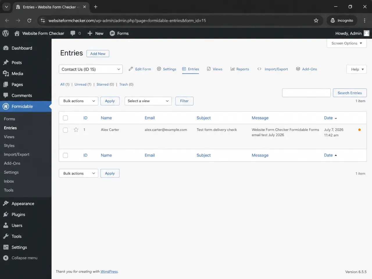 The test submission is saved in the Formidable Forms Entries screen.