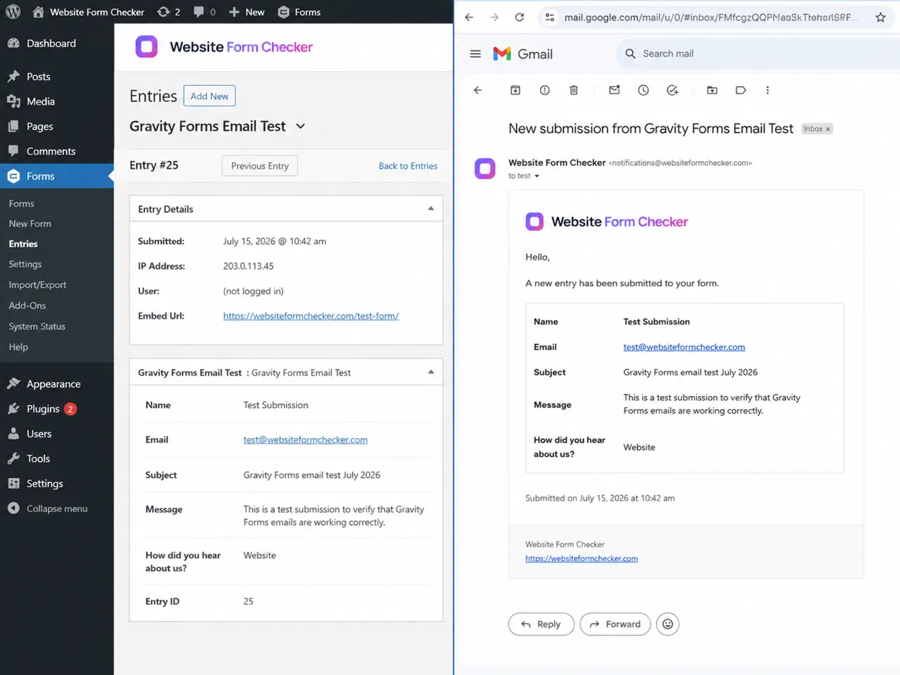 Final proof that the Gravity Forms entry and received email contain matching data.