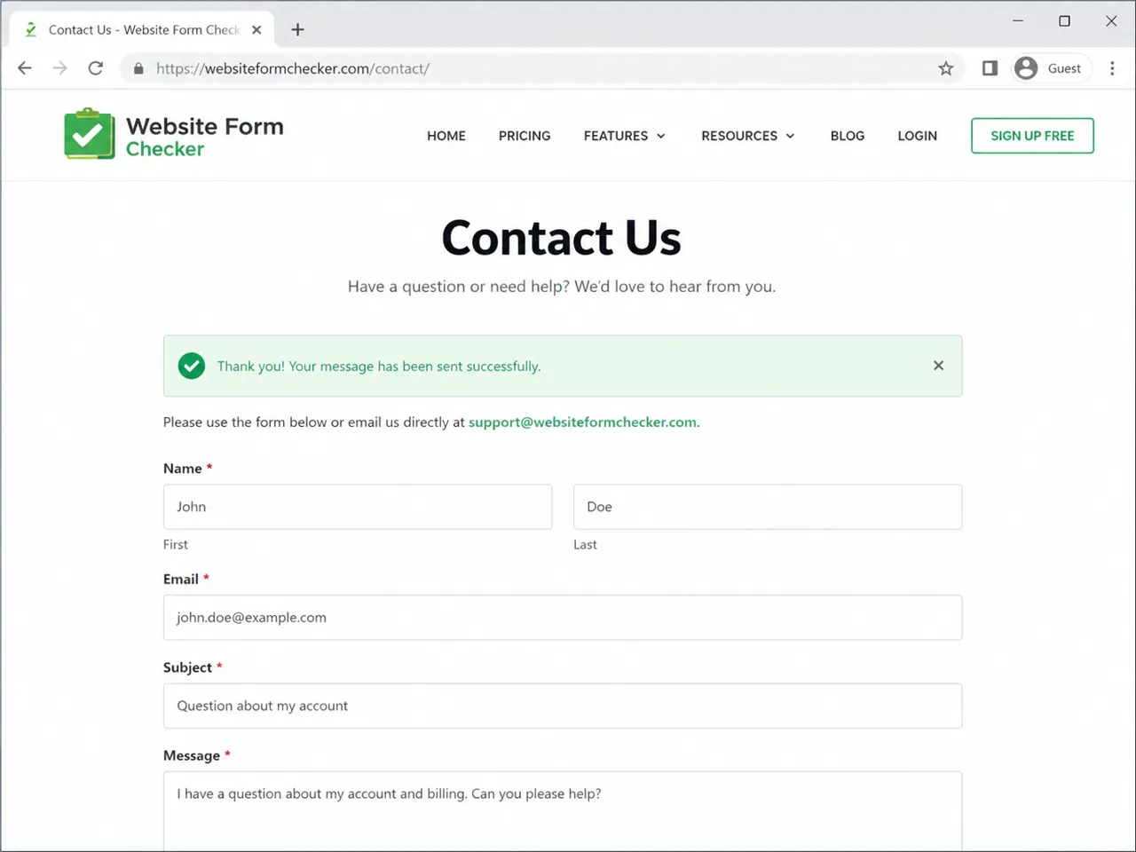 Ninja Forms contact form showing a successful submission confirmation message