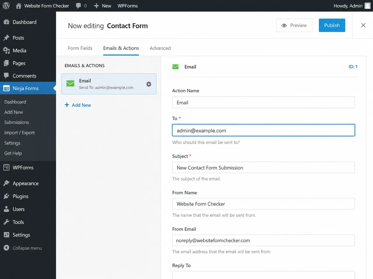 Ninja Forms email action settings showing the To field