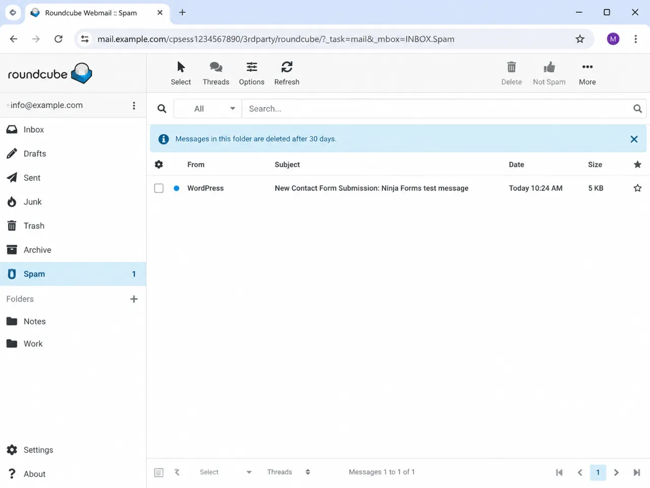 Spam folder showing a Ninja Forms notification email caught by spam filtering