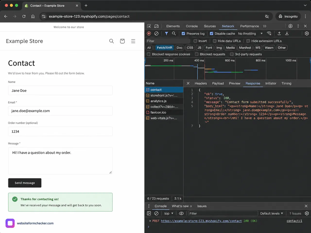 Browser developer tools showing a Shopify contact form request returning a successful response.