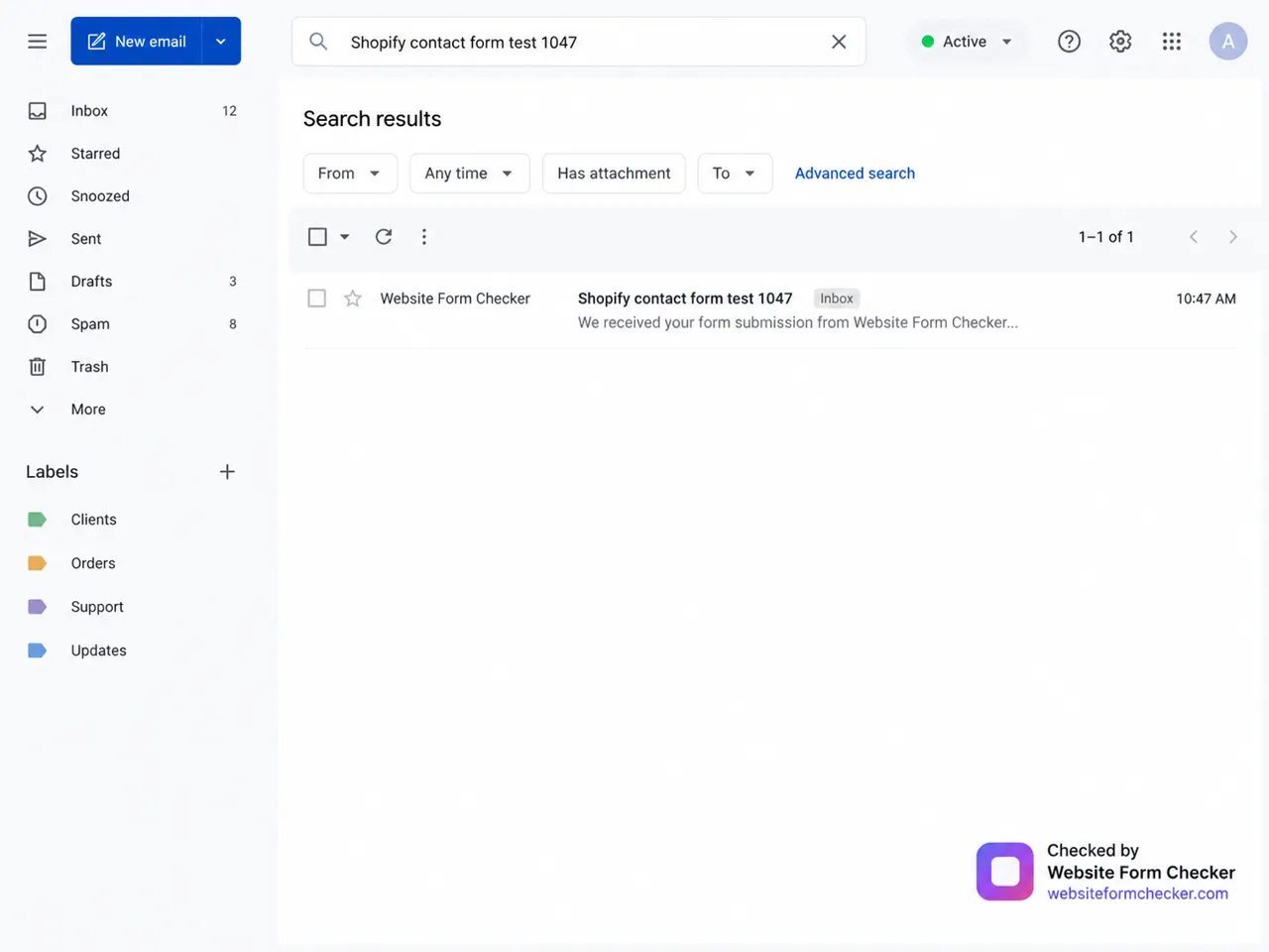 Business inbox search showing the Shopify contact form test message result.