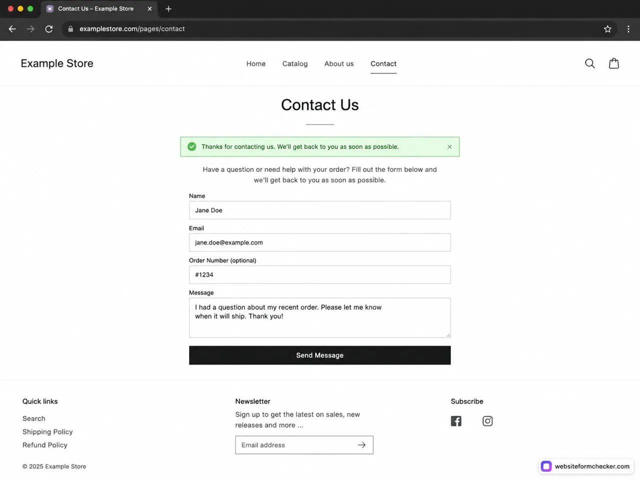 Published Shopify contact page showing a successful test submission confirmation.