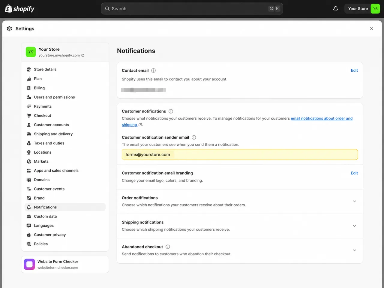 Shopify Notifications settings showing the sender email used by the store.