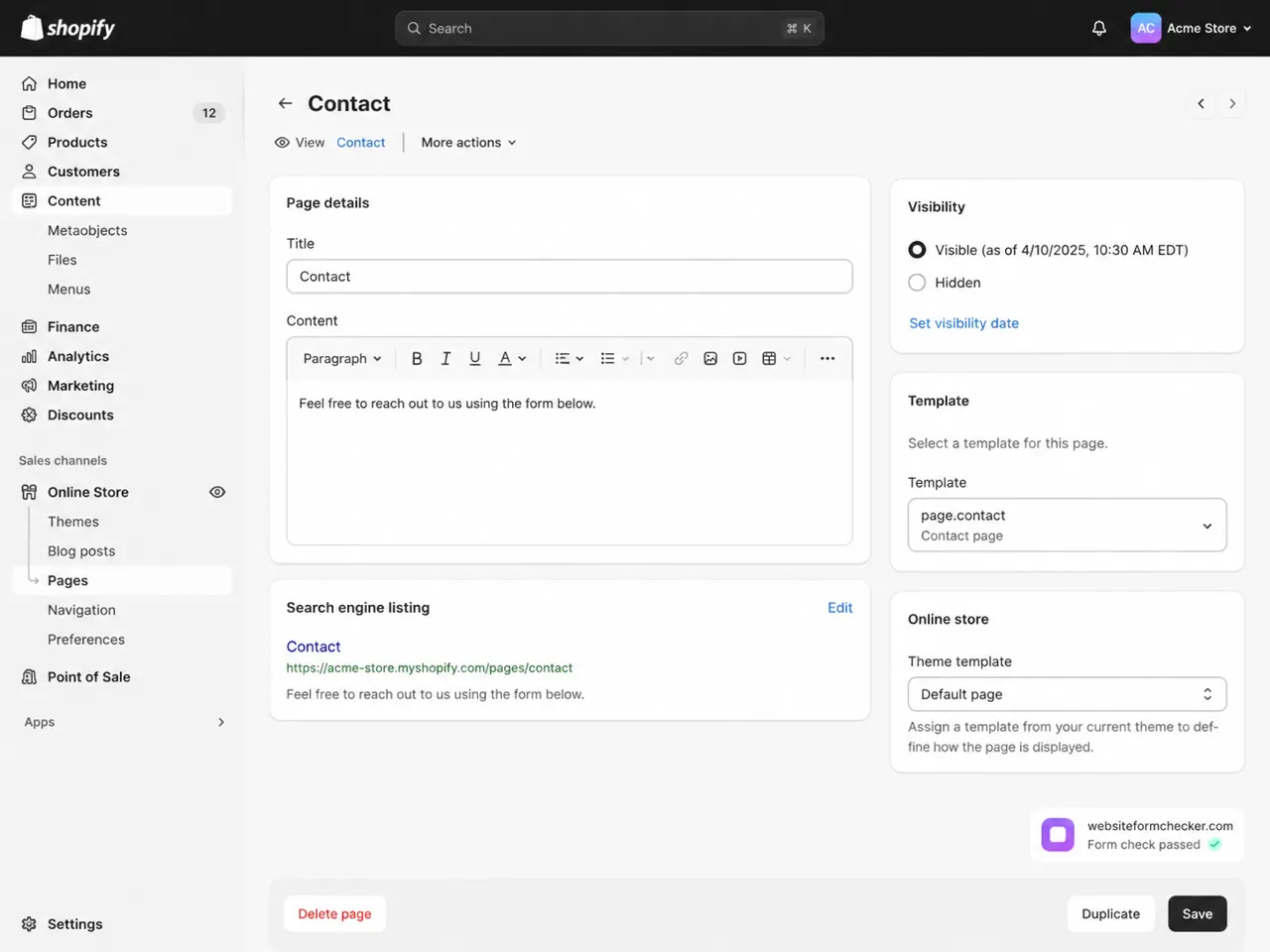 Shopify page settings showing the Contact page template assignment.