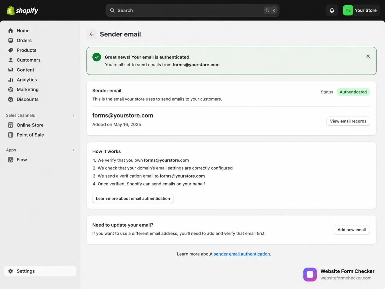 Shopify sender email verification screen showing an authenticated sender address.