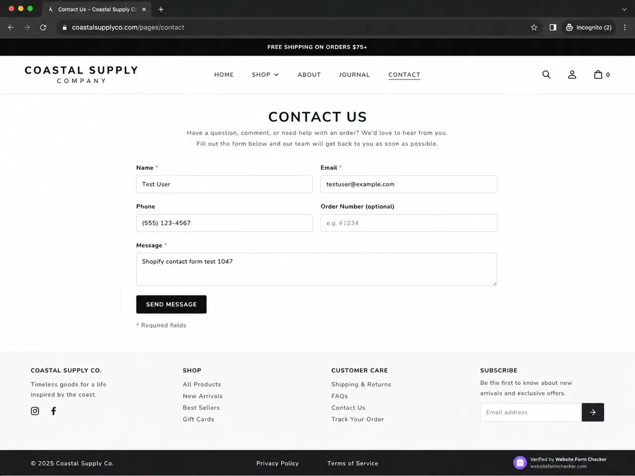 Shopify storefront contact page with a traceable test phrase entered.
