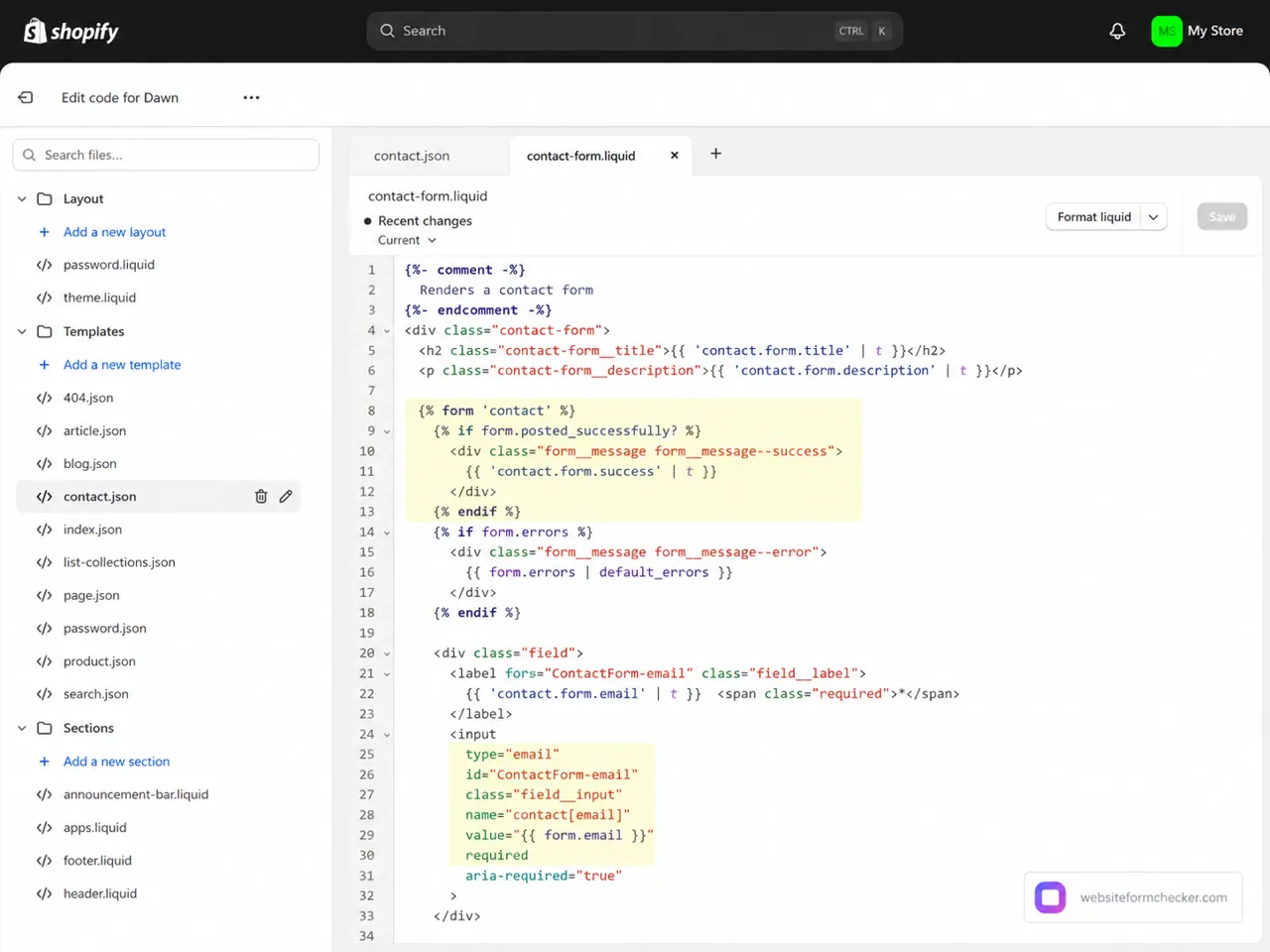 Shopify theme code editor showing the contact form Liquid tag and required email field.