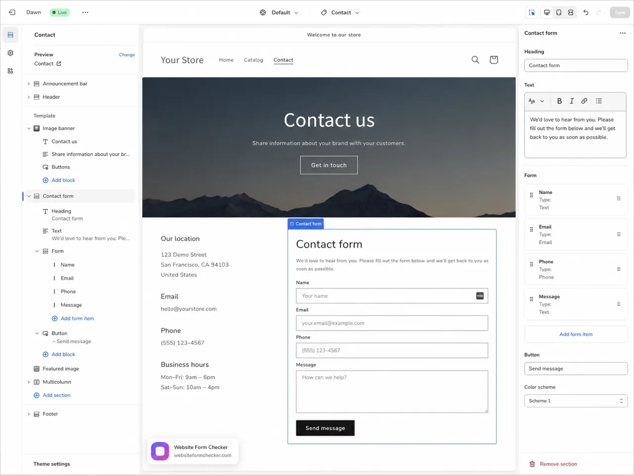 Shopify theme editor showing the Contact page template and contact form section.