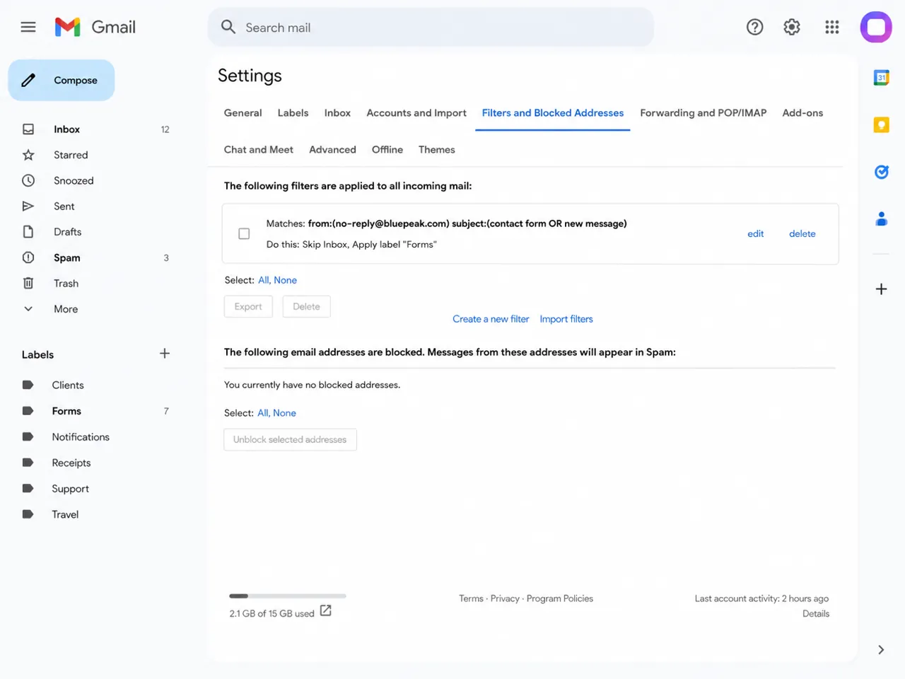 Email filter settings showing a rule that can move contact form messages out of the inbox