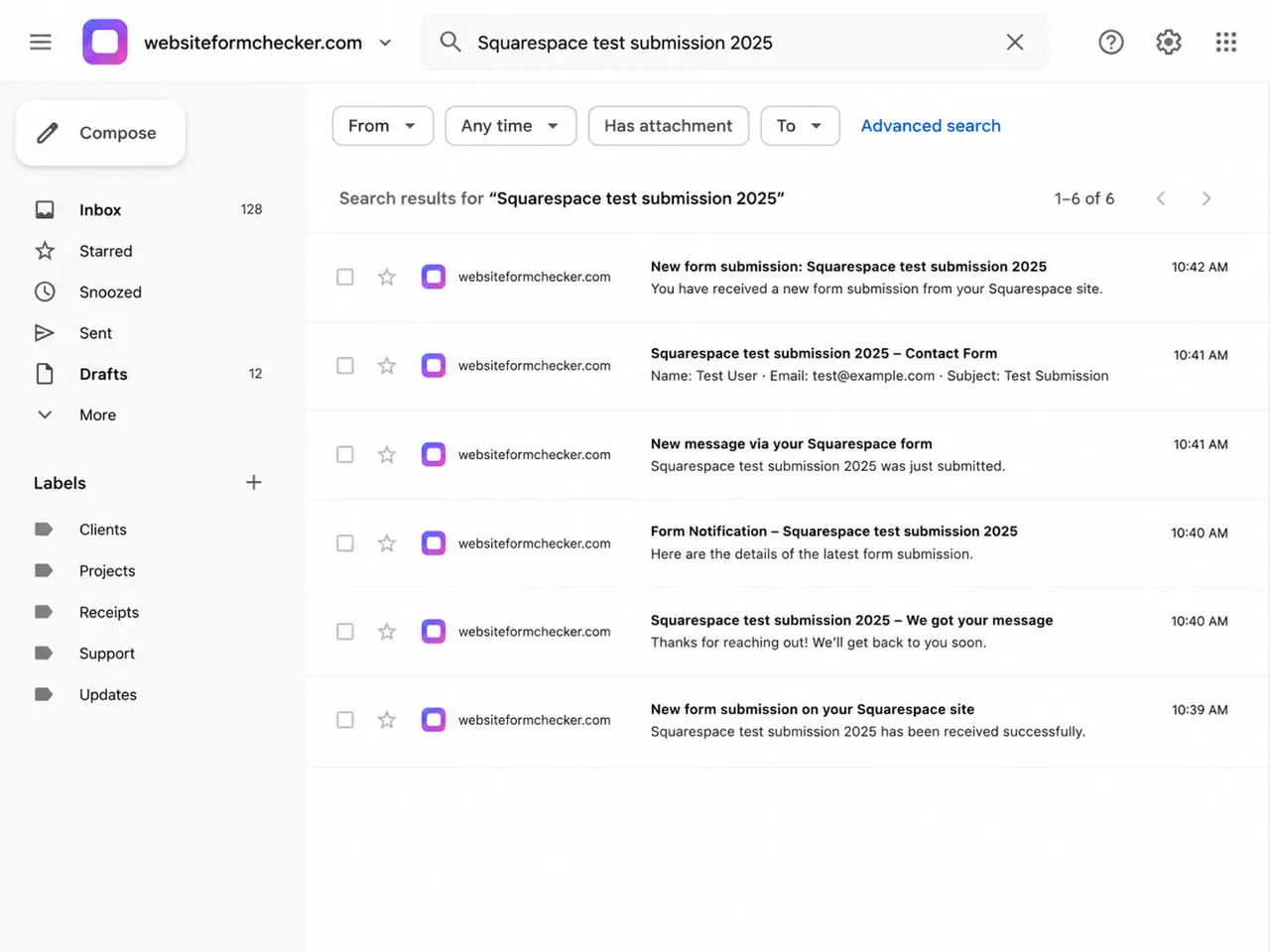 Inbox search results for the exact Squarespace test submission phrase