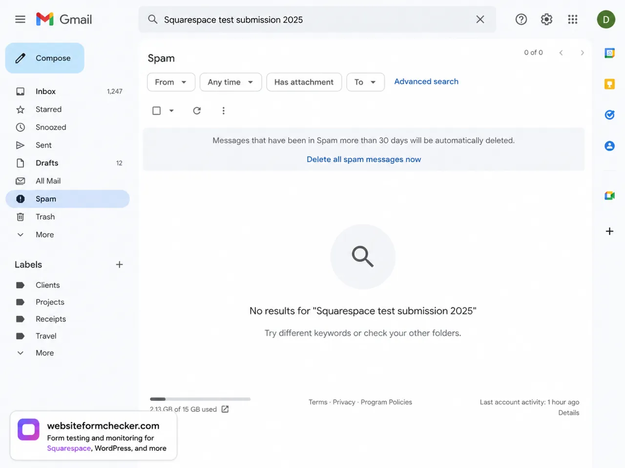 Spam folder search showing no result for the Squarespace form test phrase