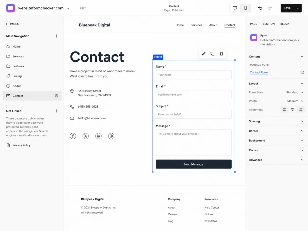 Squarespace editor showing the live Contact page with the form block selected