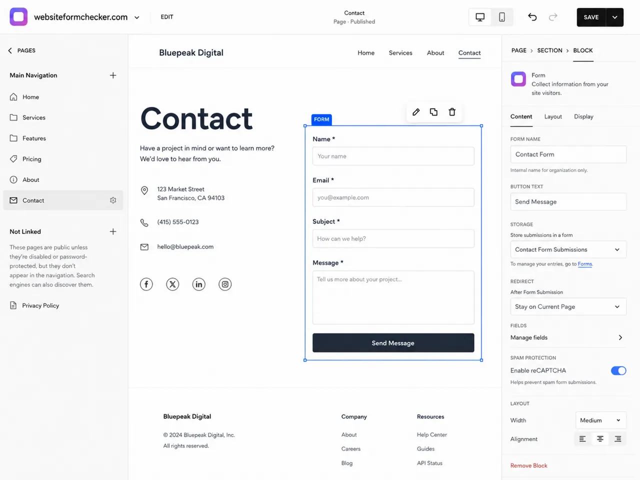 Squarespace form block settings panel opened from the Contact page