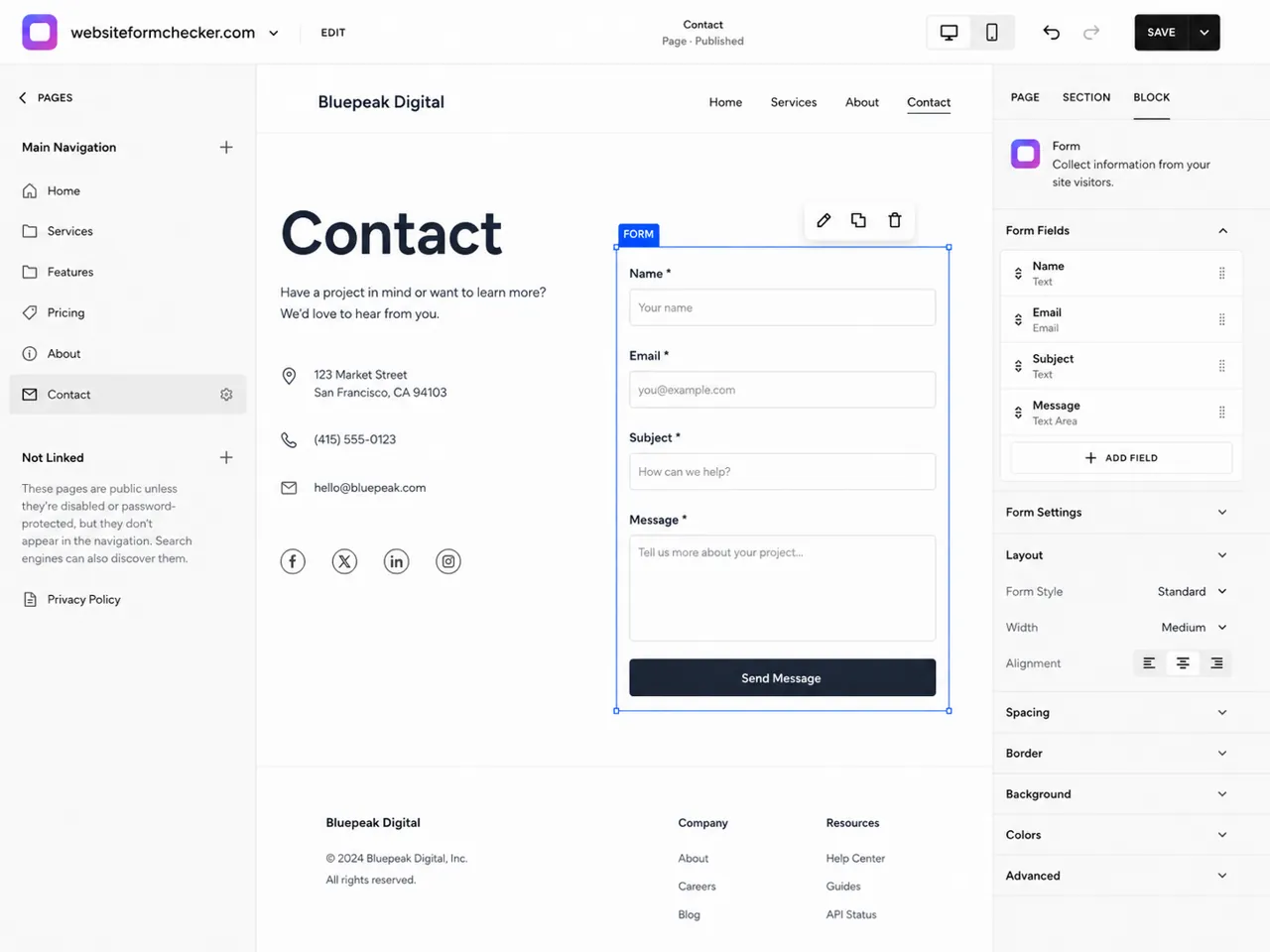 Squarespace form fields panel showing Name, Email, Subject, and Message fields
