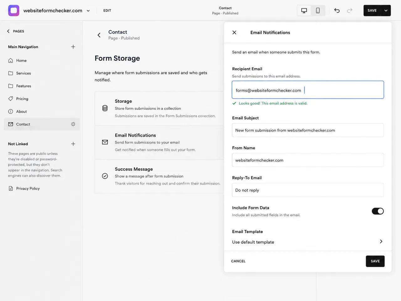 Squarespace form storage settings showing a corrected recipient email address