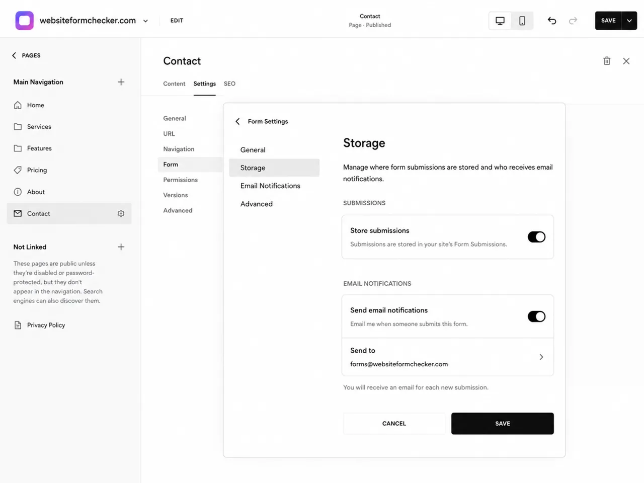 Squarespace form storage settings showing the email notification destination