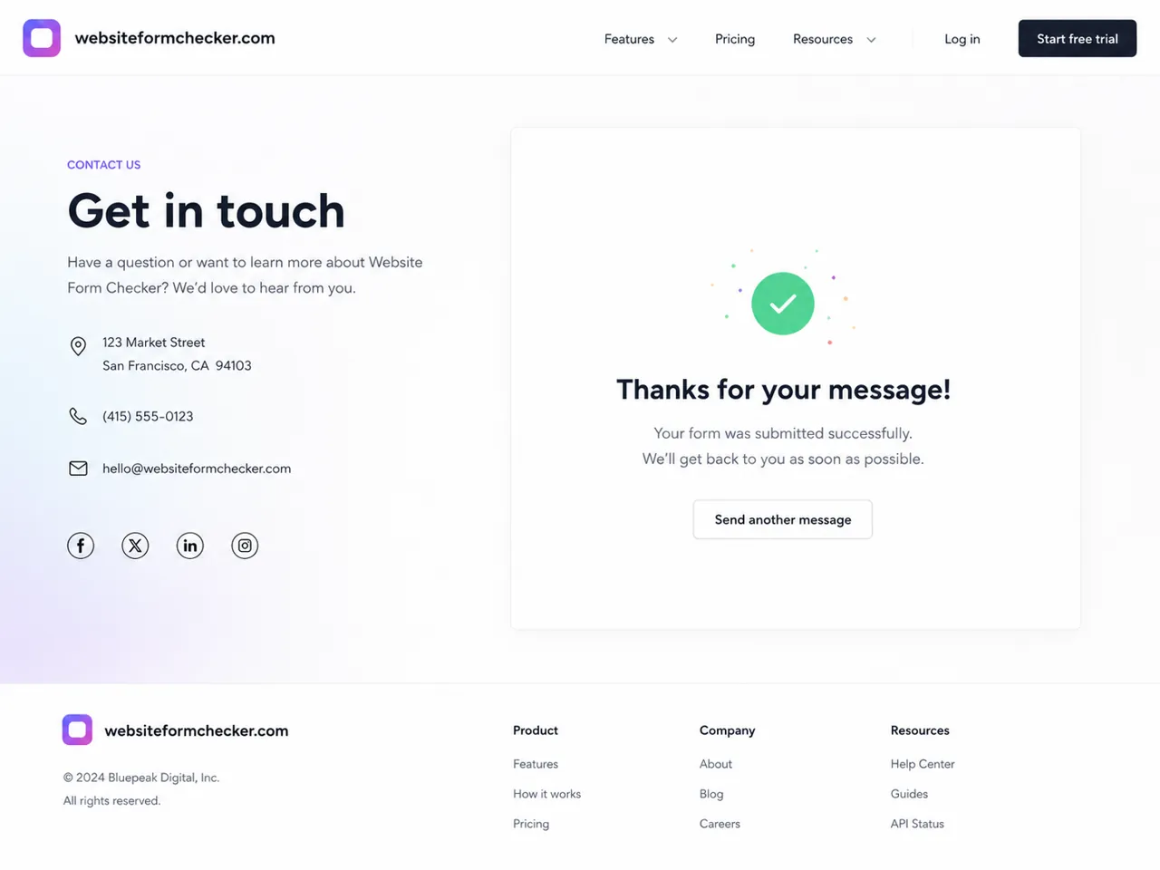 Squarespace form submission confirmation message after a live test submission