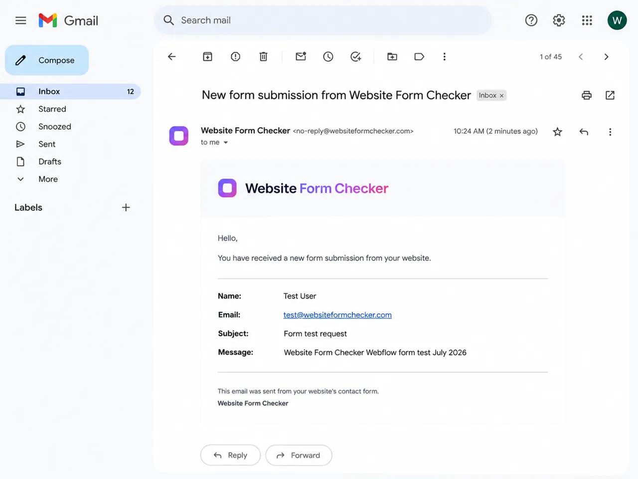 Opened Webflow form notification email showing the submitted name, email, subject, and message details.