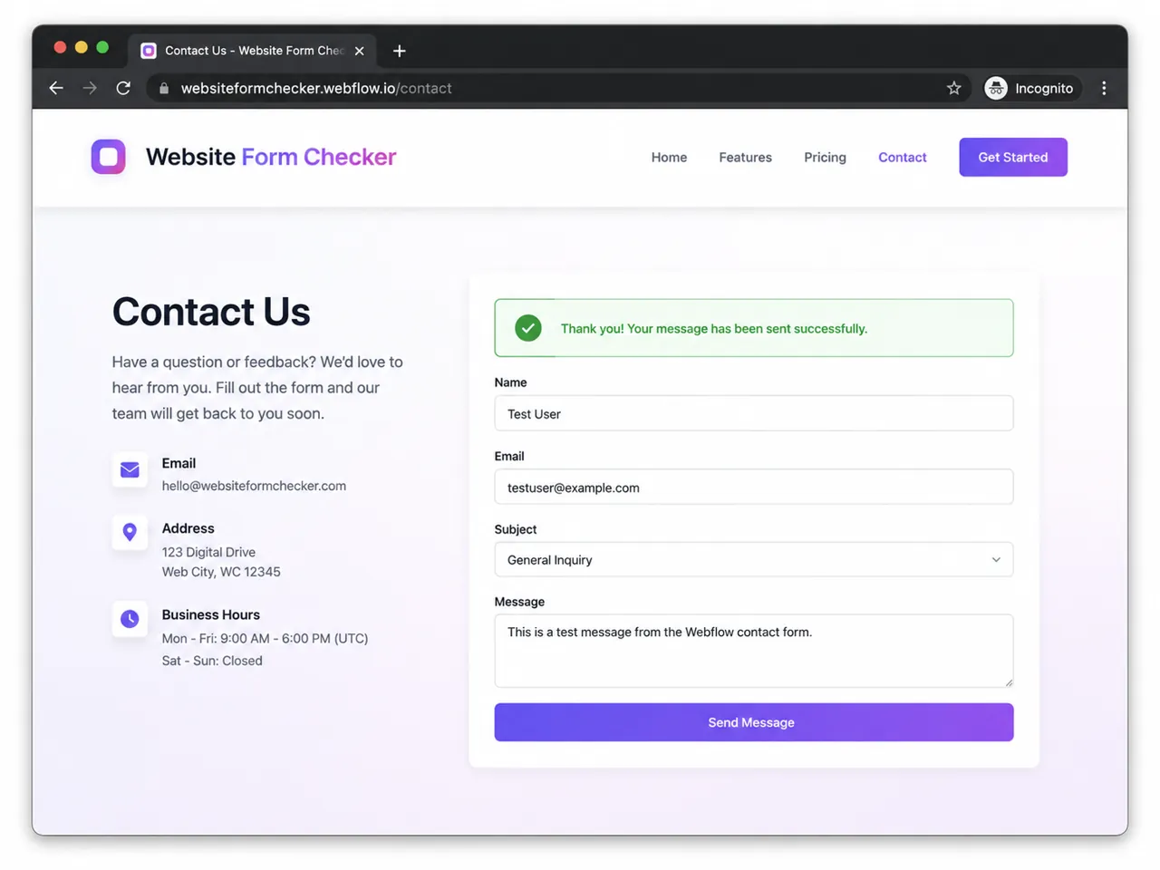Published Webflow contact form showing a success message after the test submission.