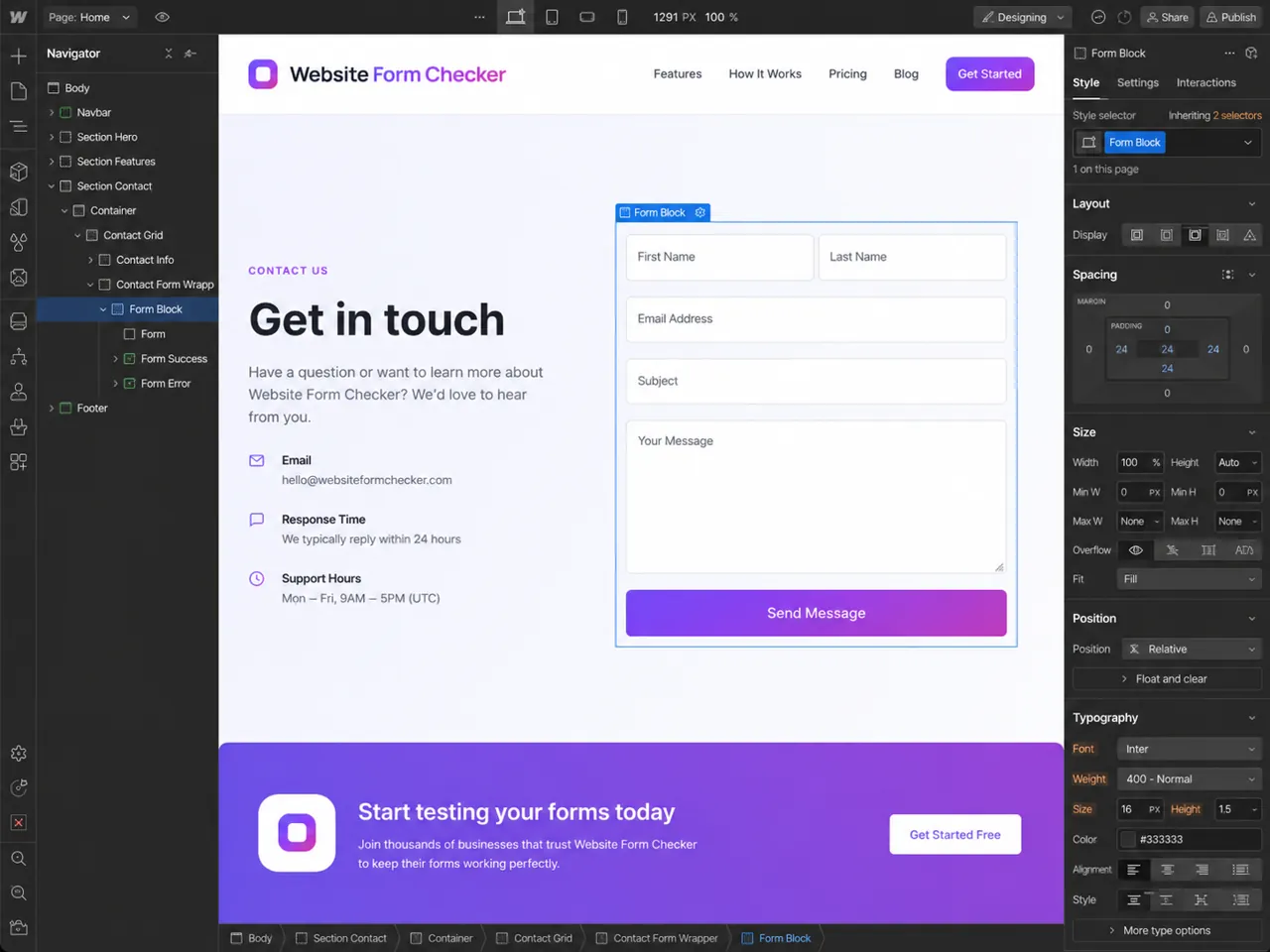 Webflow Designer with the Website Form Checker contact form block selected on the page.