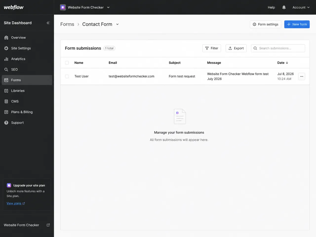 Webflow form submissions dashboard showing a recent Website Form Checker test submission.