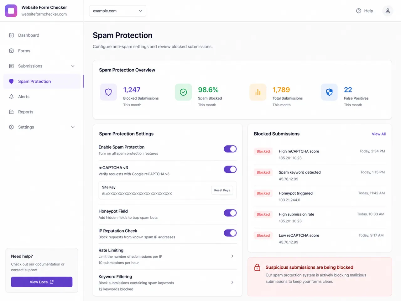 Anti-spam and reCAPTCHA settings showing blocked contact form submissions.