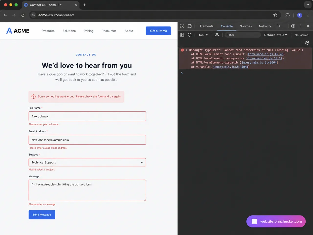Browser console showing a JavaScript error that can block a contact form submission.
