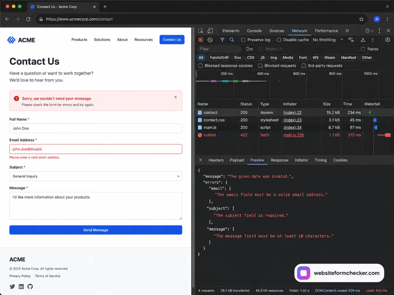 Browser Network tab showing a failed contact form POST request and response details.