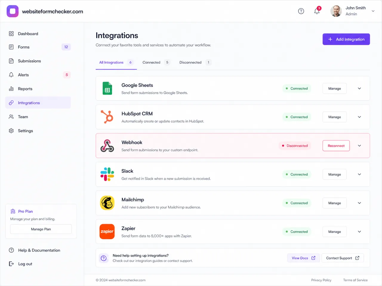 Form integration settings showing a disconnected webhook or CRM destination.