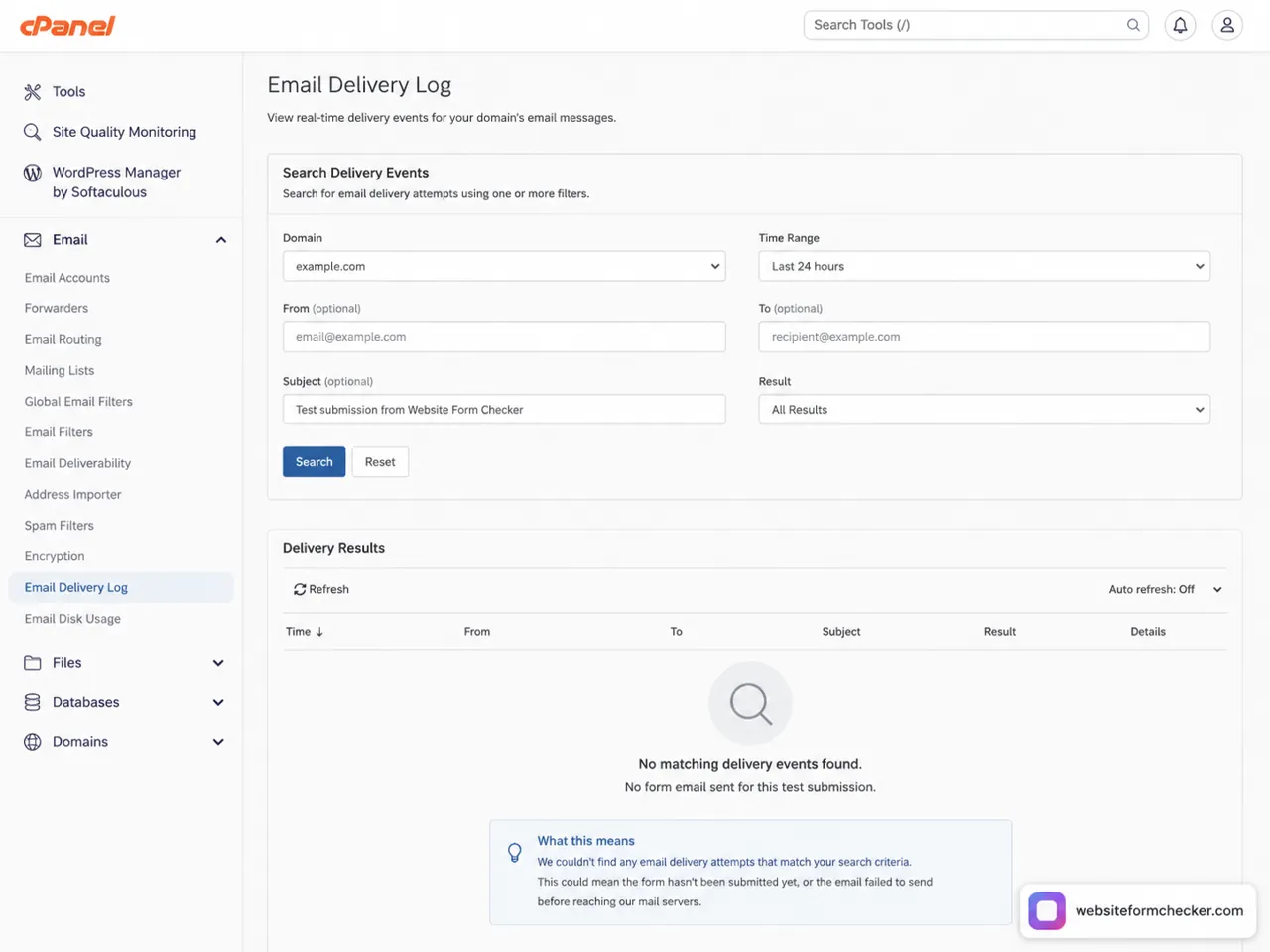 Hosting control panel email delivery log showing no form email sent for the test submission.