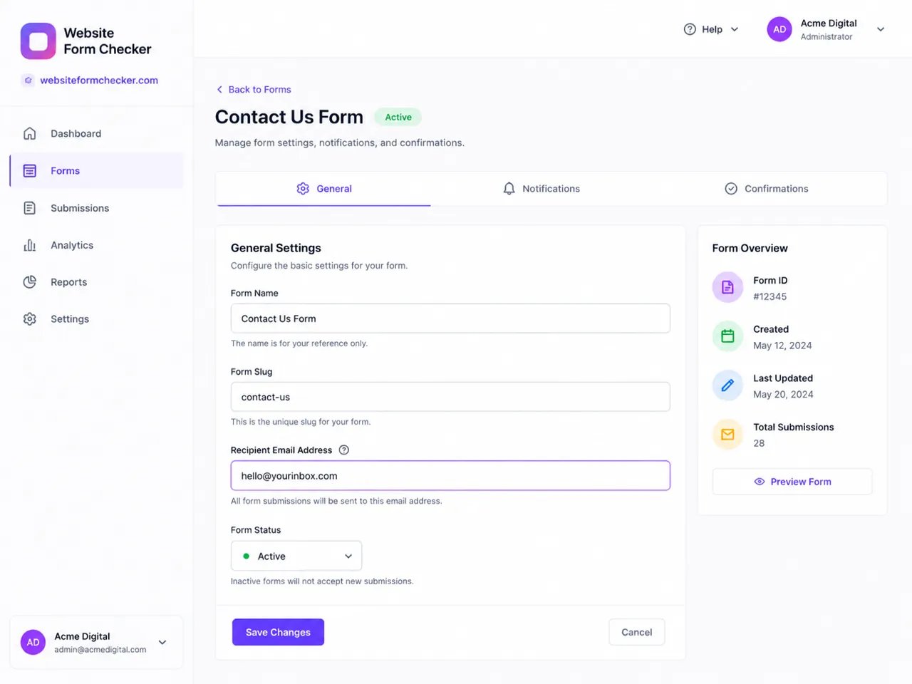 Website backend or CMS form settings showing the recipient email field.