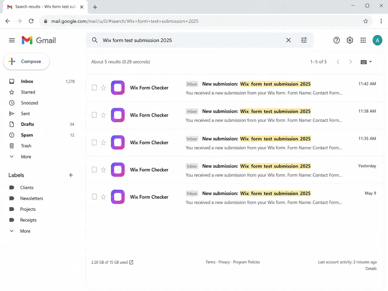 Gmail search results for Wix form test submission 2025 showing matching notification emails.