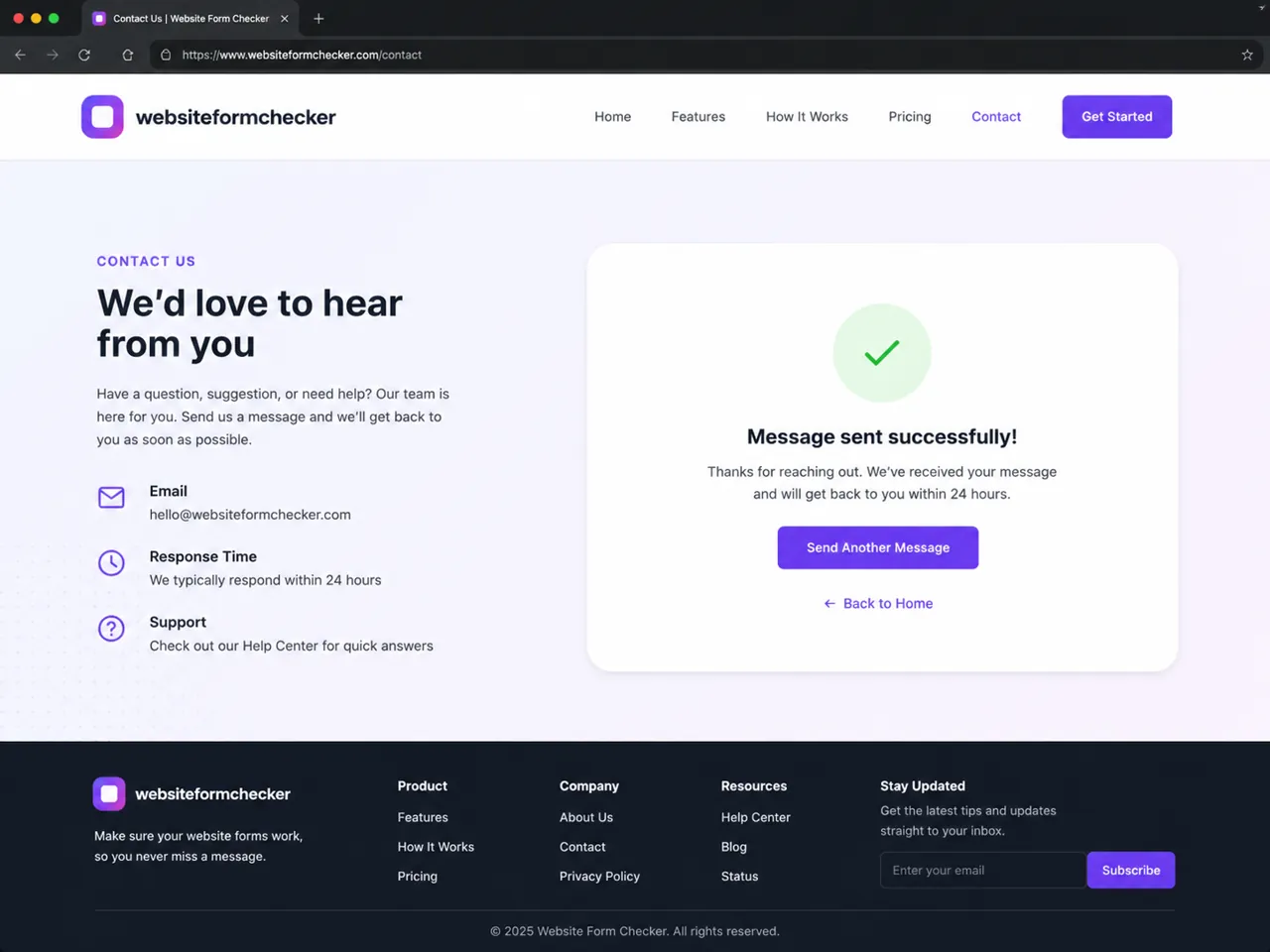 Live contact page showing a message sent successfully confirmation.