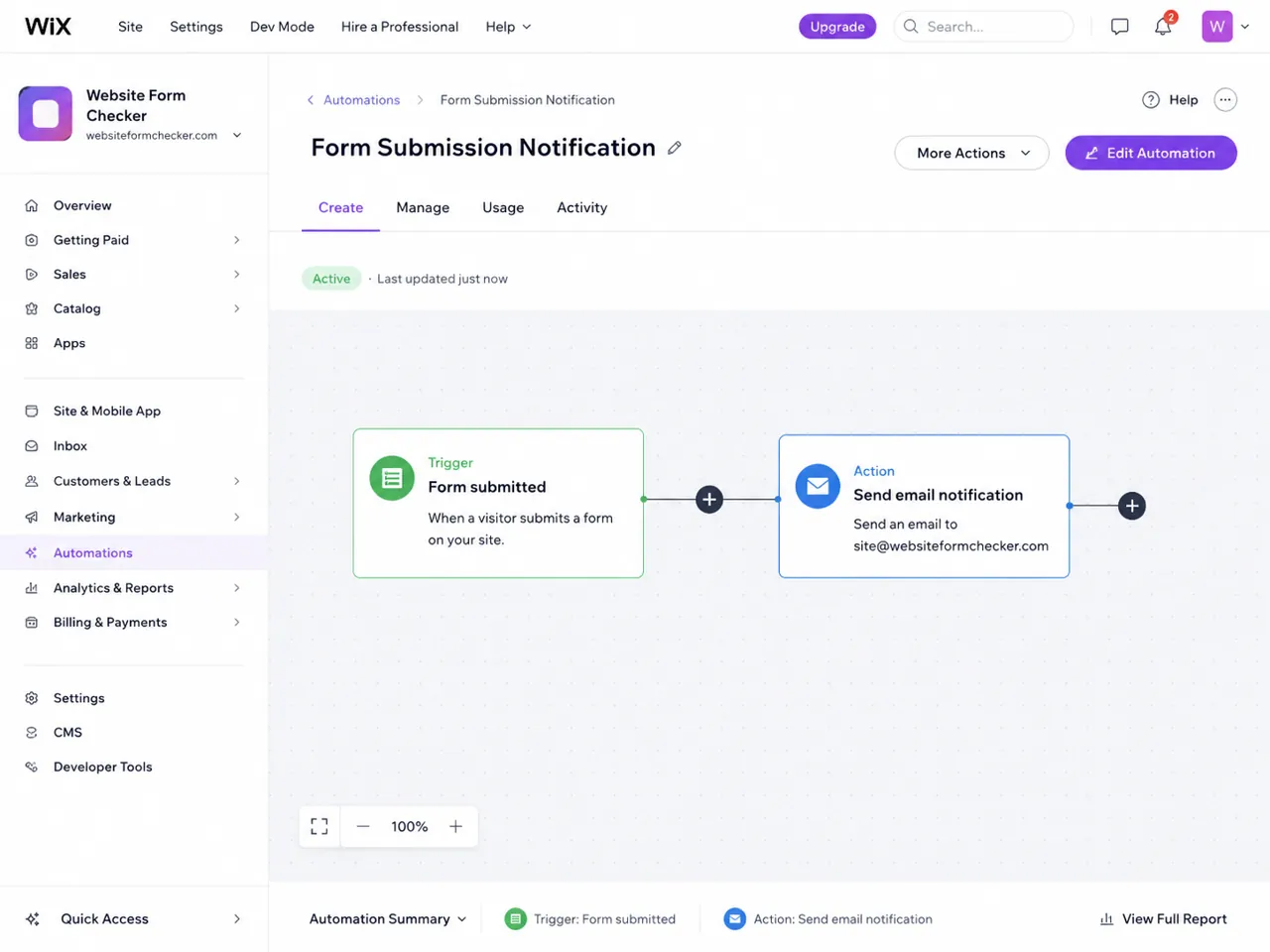Wix Automations screen with Form submitted trigger and Send email notification action.