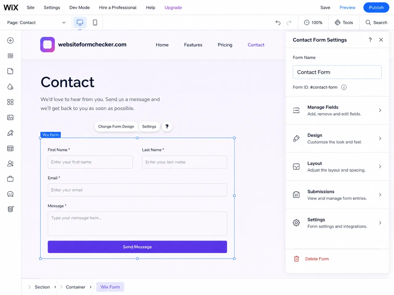 Wix contact form settings panel with form name and main controls visible.
