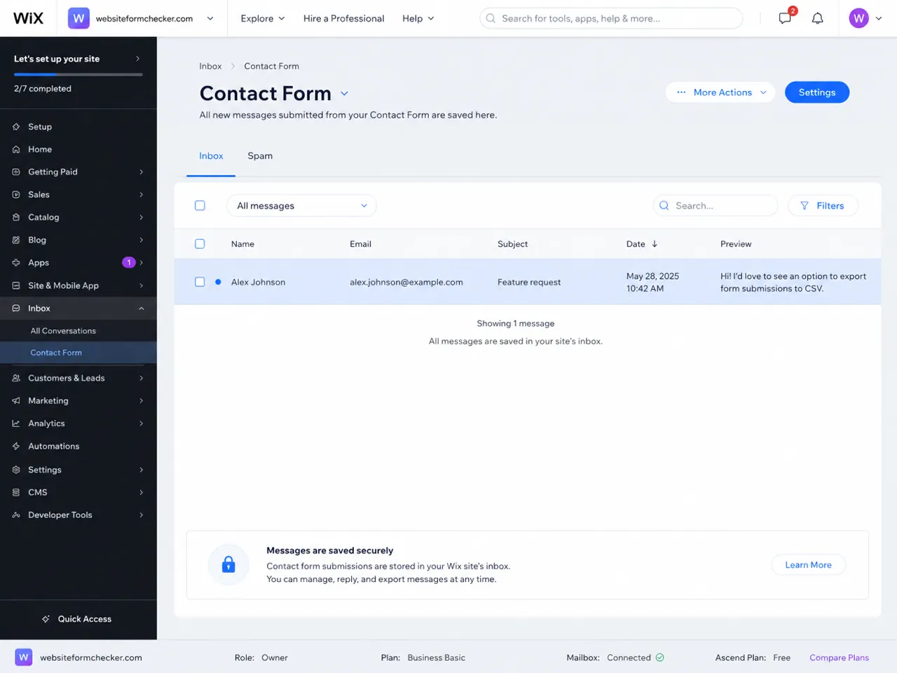Wix dashboard inbox with a saved contact form submission row visible.