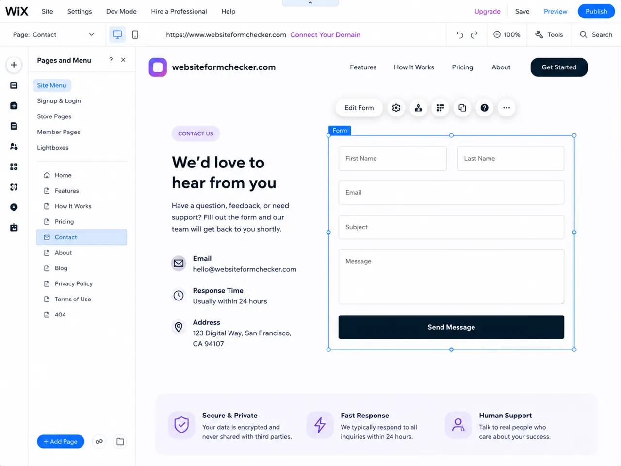 Wix editor with the Contact page open and the contact form selected.