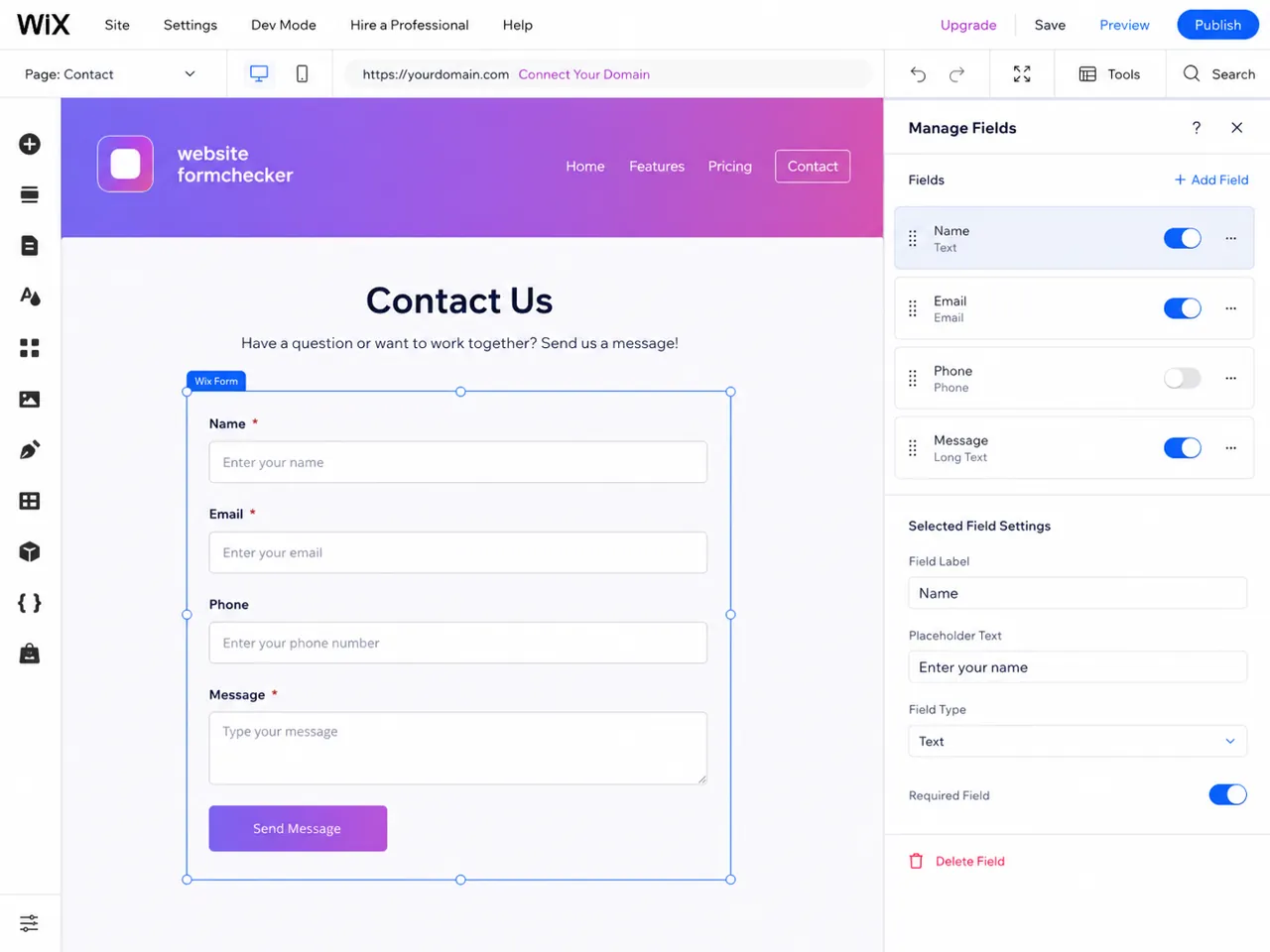 Wix form field editor listing Name, Email, Phone, and Message fields.