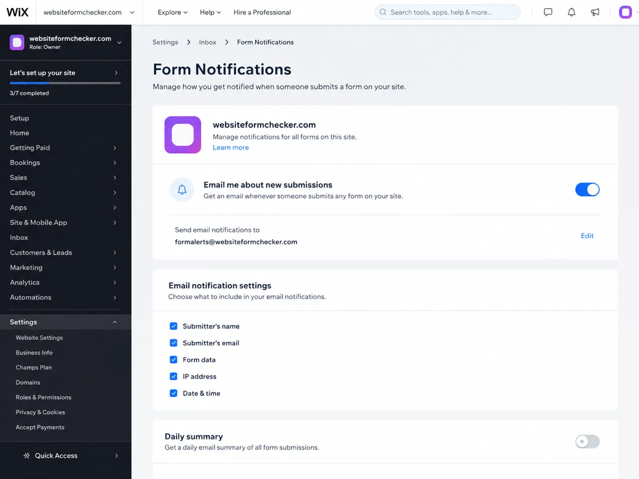 Wix form notification settings with email alerts enabled.
