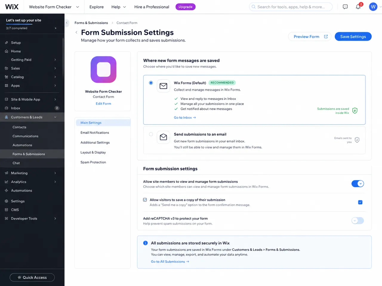 Wix form submission settings showing messages saved inside Wix Forms.