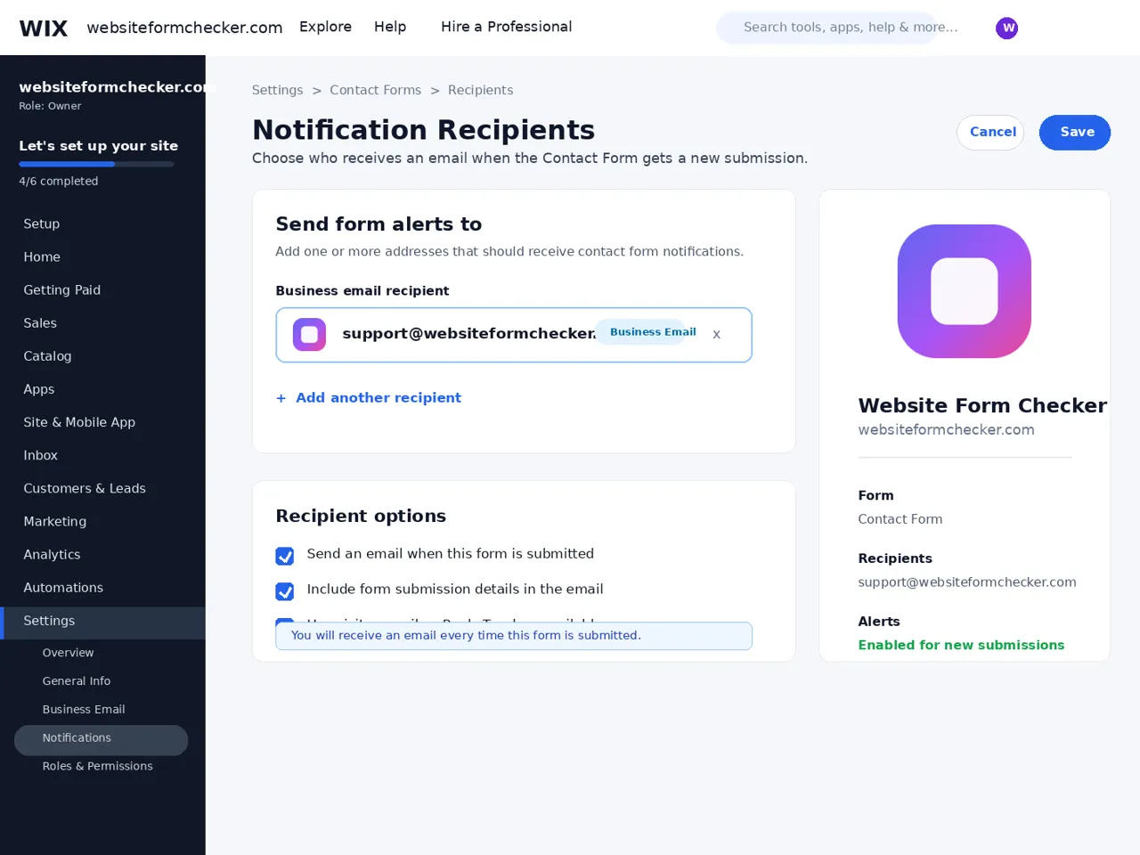 Wix notification recipient settings with support@websiteformchecker.com as the alert recipient.