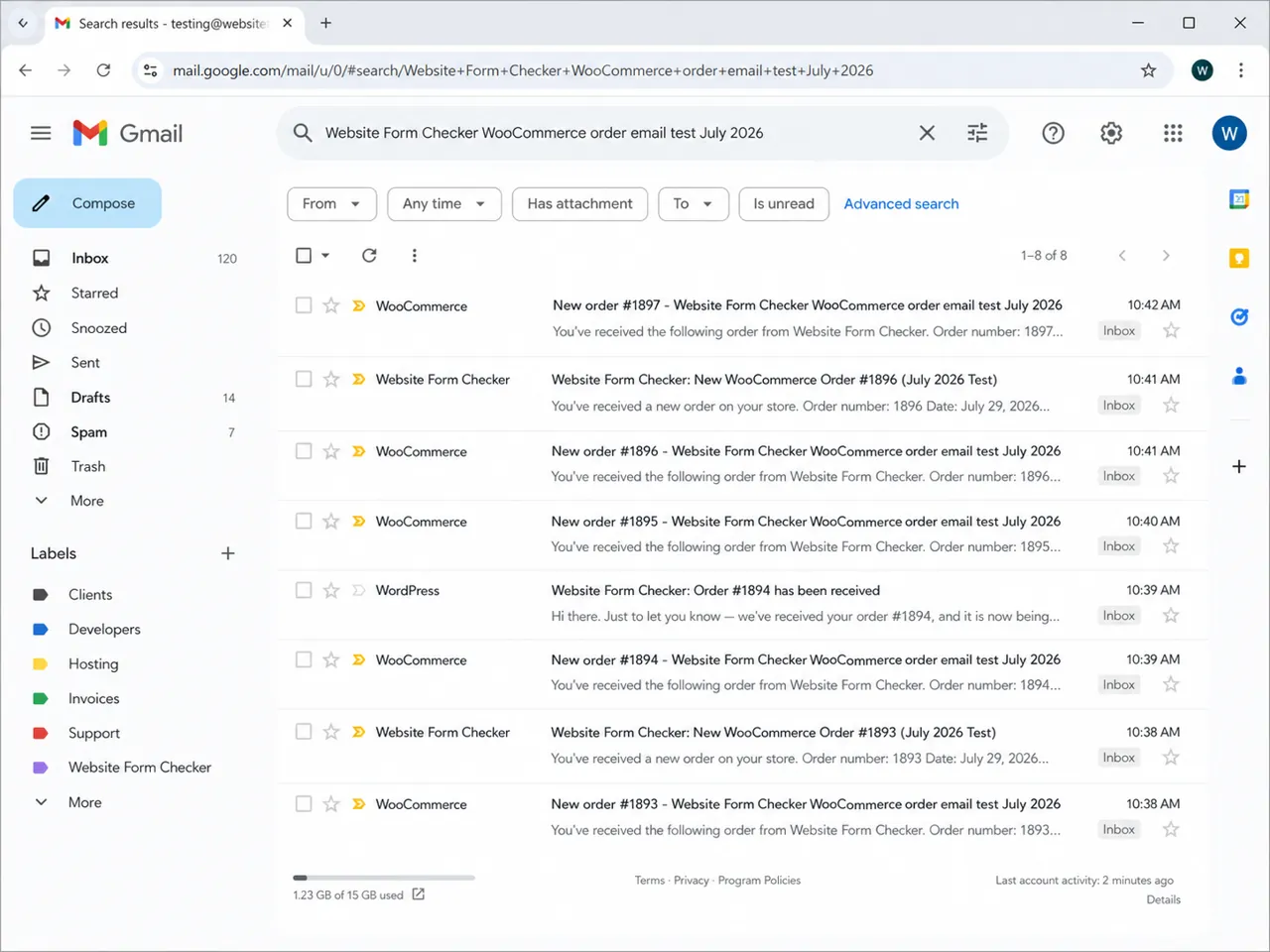 Email inbox search results for a WooCommerce order email test phrase