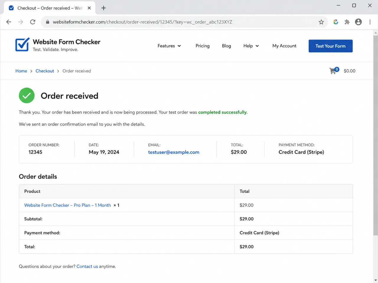WooCommerce order confirmation page showing the order received message