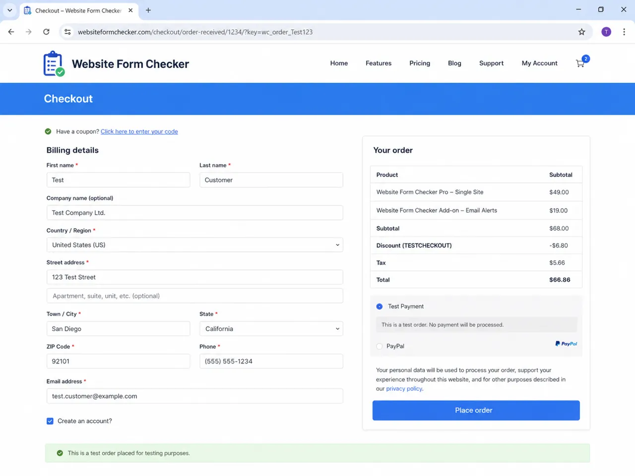 WooCommerce test checkout page showing a completed test order