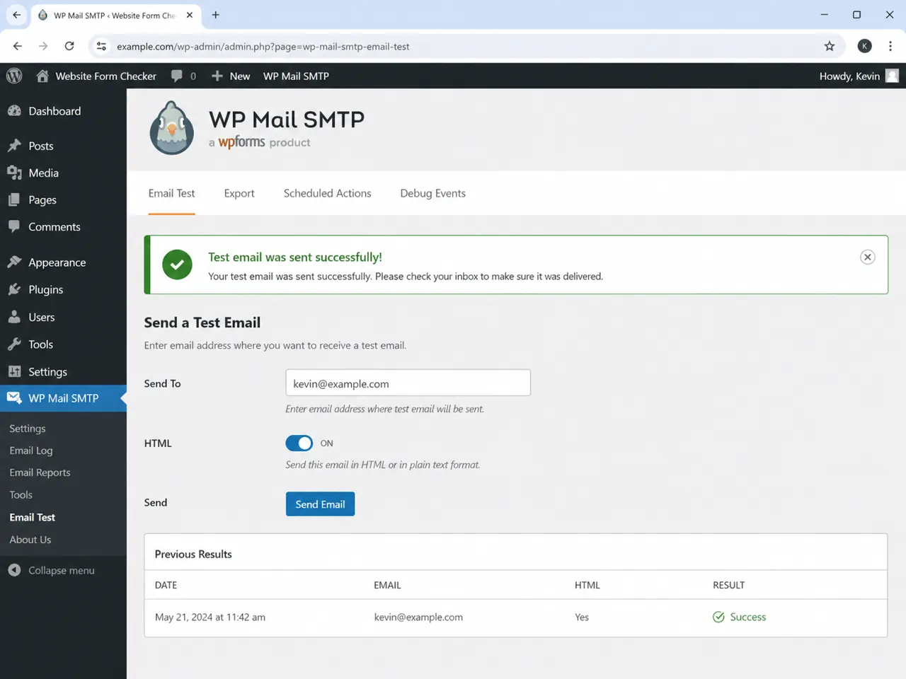 SMTP plugin test email result showing that the test email was sent successfully
