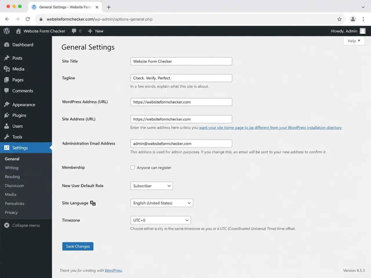 WordPress General Settings screen showing the Administration Email Address field