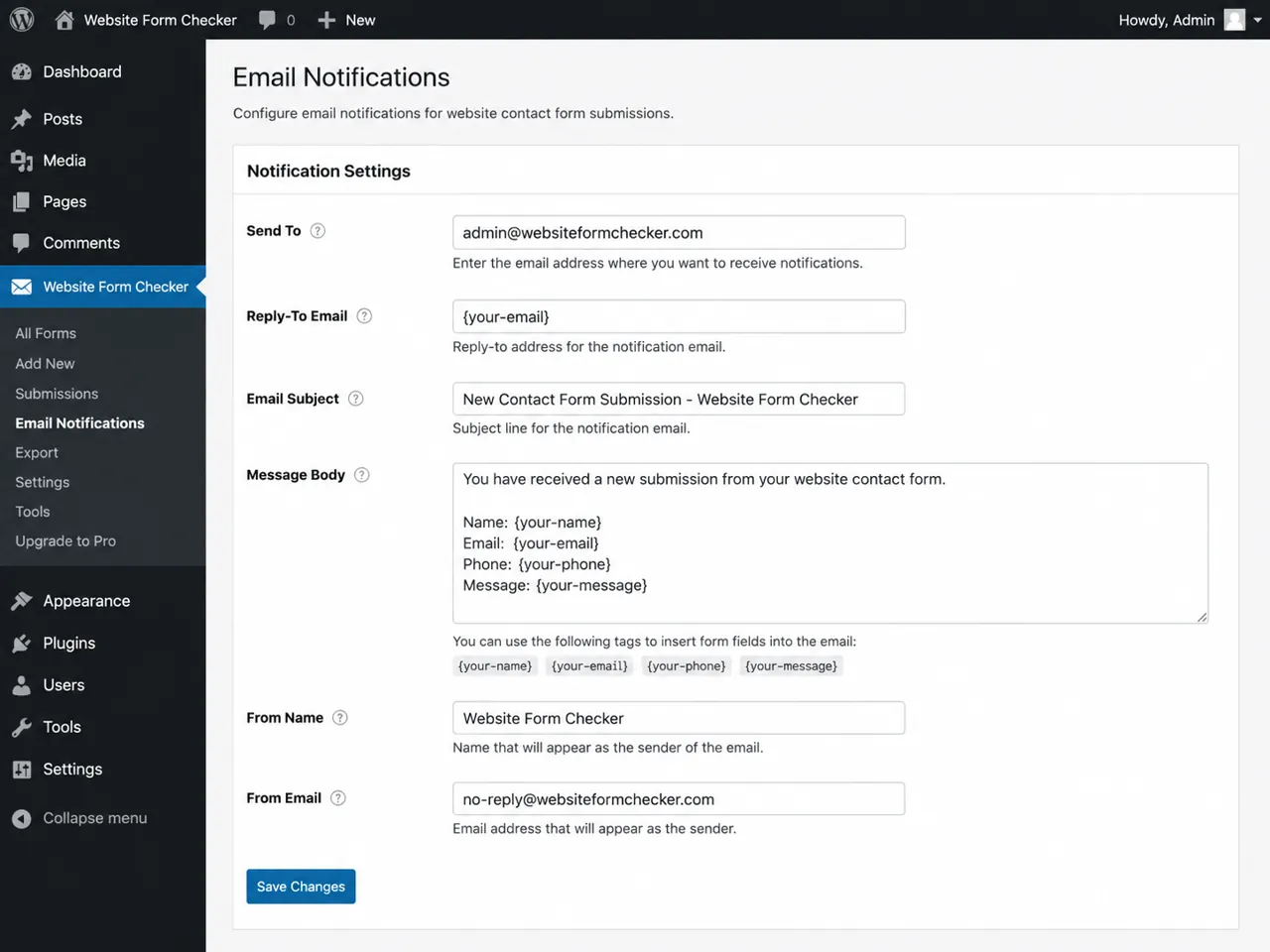 Contact form notification message body showing form fields included in the email